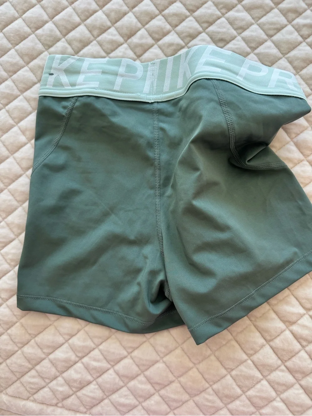 Nike Women's Olive Green Compression Shorts with Mint Elastic Waistband